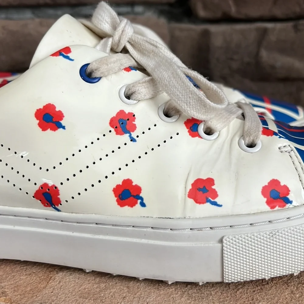 Tory Burch Cream Leather Golf Sneakers with Red and Blue Floral Print